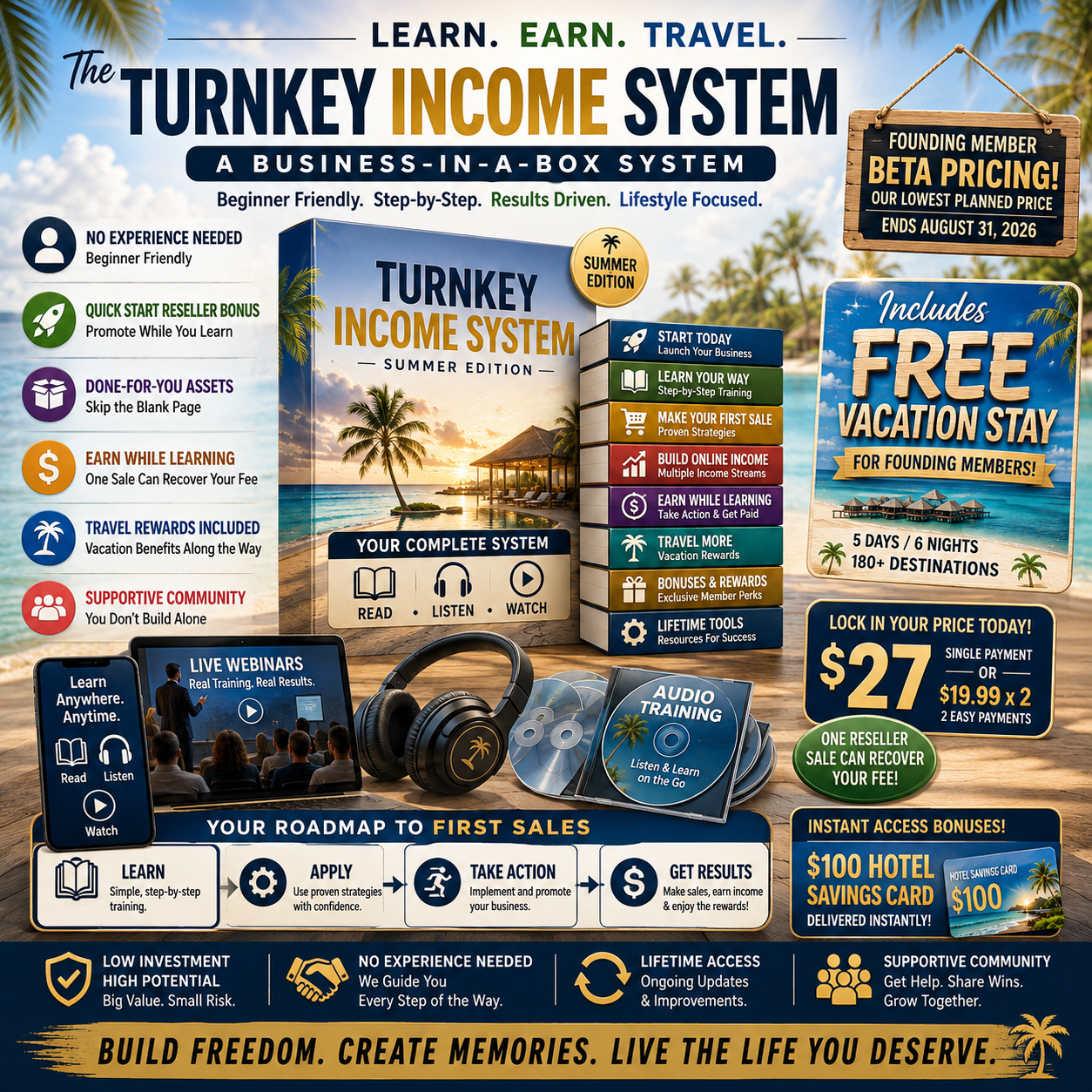 Turnkey Income System package with training, tools, bonuses, and vacation incentive
